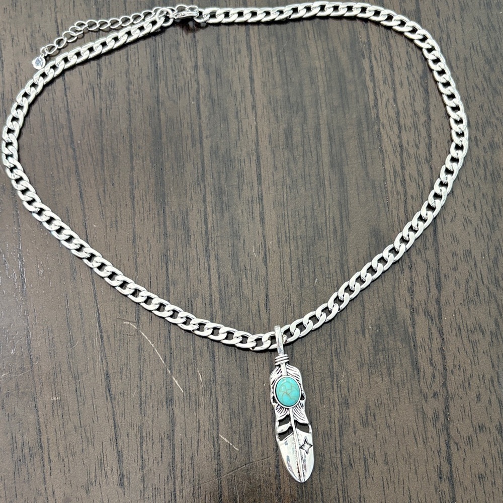 Silver Feather Pendant Necklace with Turquoise Accent